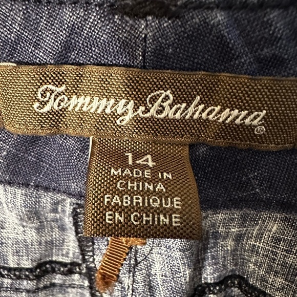 TOMMY BAHAMA 14 Coastal Indigo Blue 100% Linen Cropped Cargo Pants Zipper Pocket - Picture 5 of 13